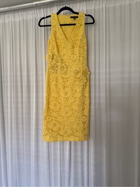 White House Black Market Yellow Lace Midi Dress with Floral Appliqué